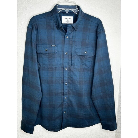Poncho Shirt Mens Large Blue Plaid Slim Fit Button Up Magnetic Pockets Fishing - Picture 1 of 10